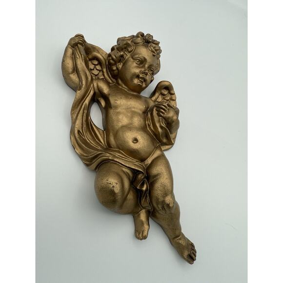 Angel Cherub Wall Hanging Putti Gold Gilt Finish Resin 9.5” Long Decor Vintage - Picture 9 of 9